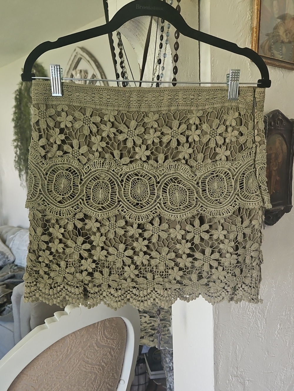 Free People Olive Crochet Floral Mini Skirt